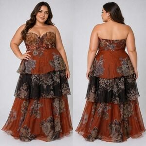 Geisha Designs Martina‎ Floral Strapless Gown Brown Tiered Maxi Dress Boho 3X